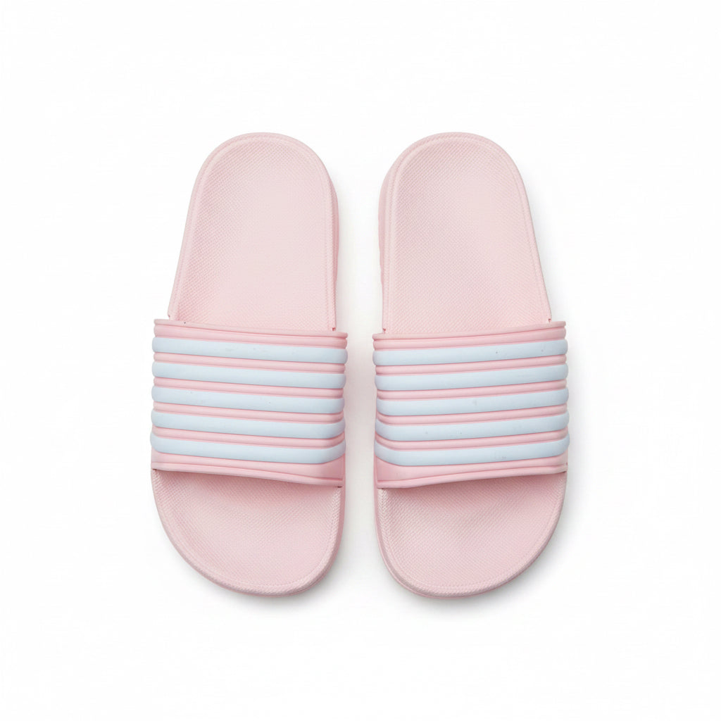 Pink slides with light blue stripes on a white background