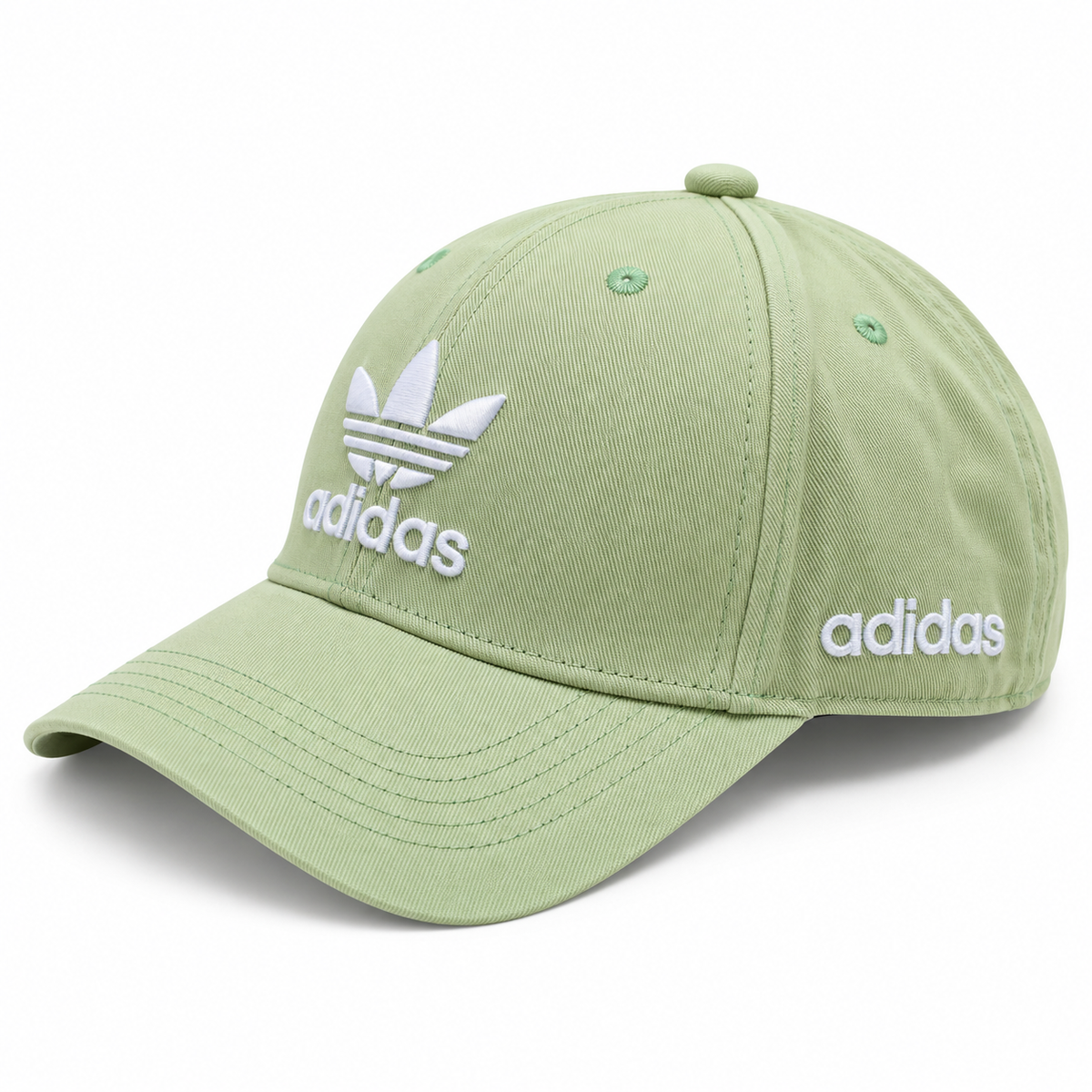 Sage green men’s embroidered casual cap angled view