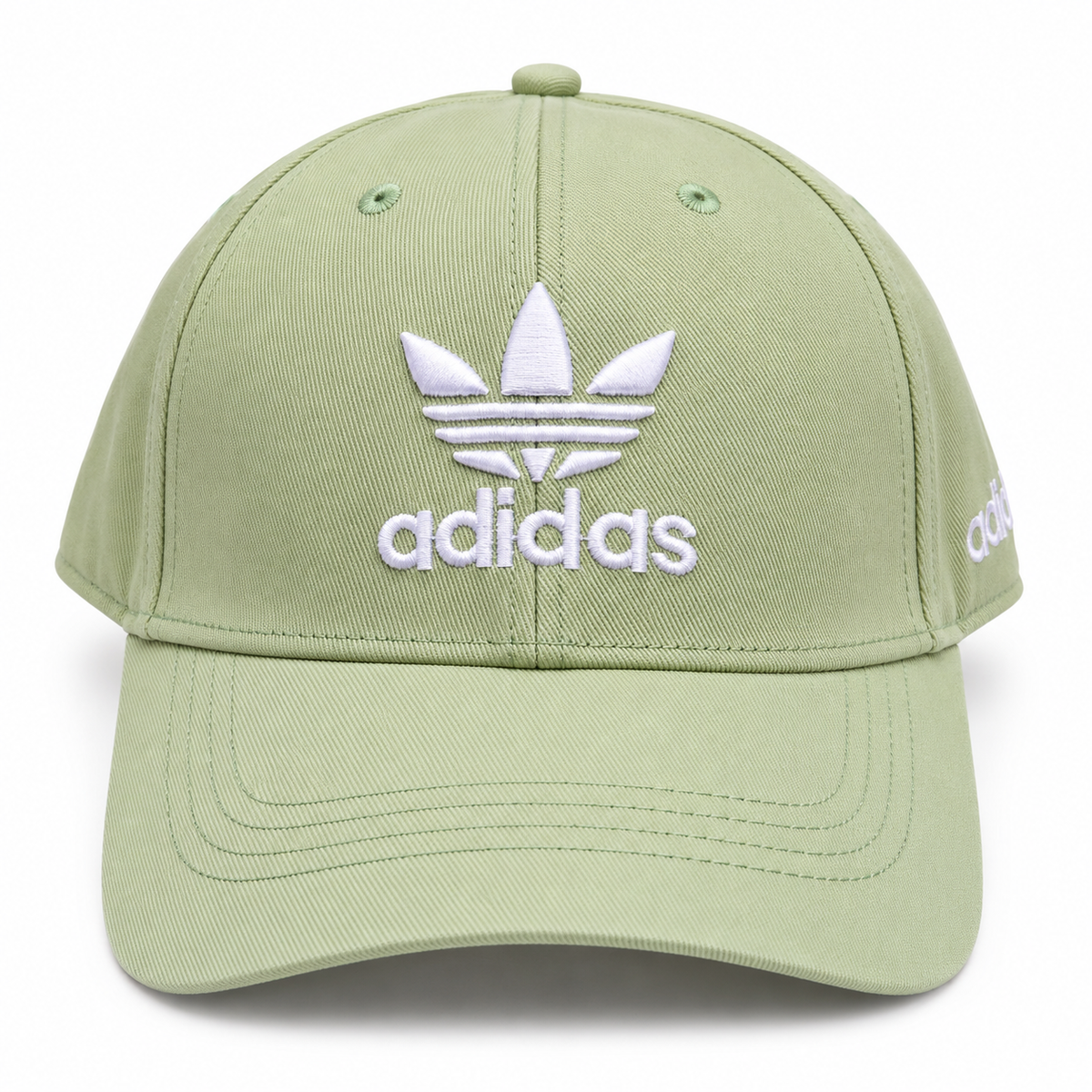 Front view of sage green men’s embroidered casual baseball cap