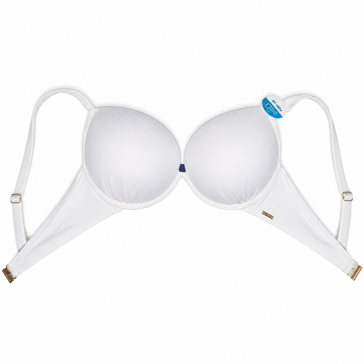 White ribbed underwire bra with adjustable shoulder straps and gold-tone metal accents, shown against a plain white background.