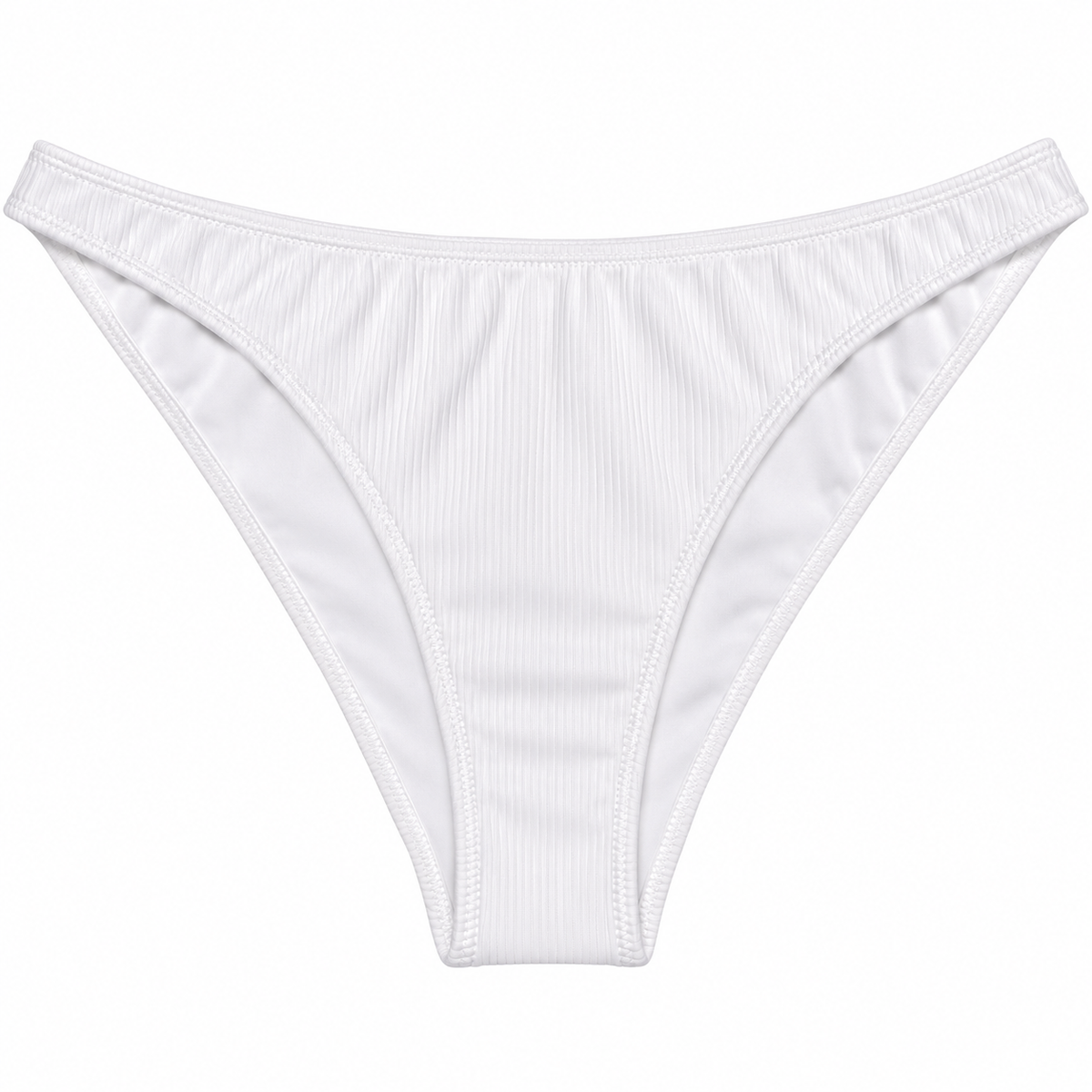 White ribbed bikini bottom with a low-rise cut and thong-style leg coverage, shown flat against a white background.
