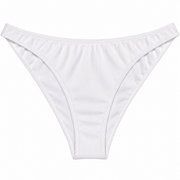 White ribbed bikini bottom with a low-rise cut and thong-style leg coverage, shown flat against a white background.