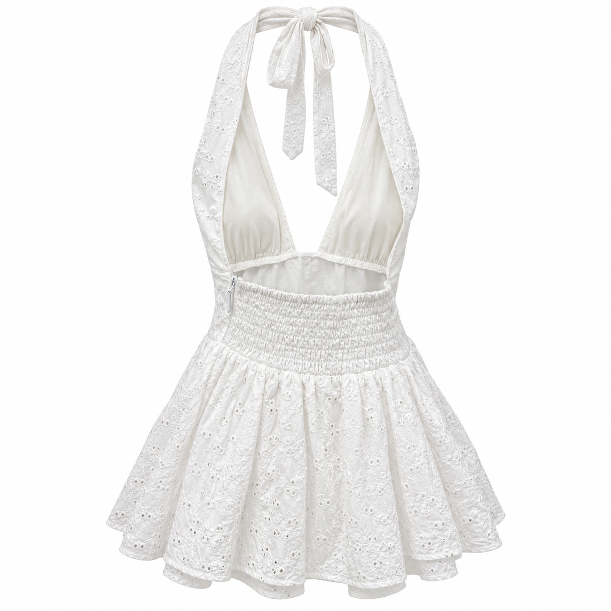 Back view of white halter mini dress with adjustable neck ties, open back and elasticated smocked waist