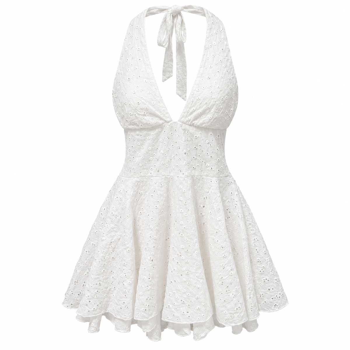 Women's white embroidered cotton halter neck mini dress with deep V-neck and flared skirt, front view