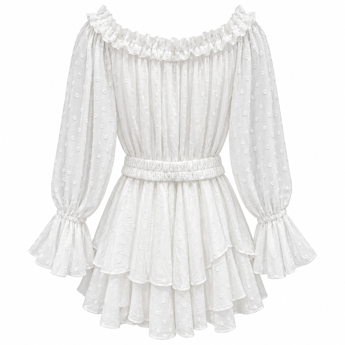 Back view of white dotted mini dress with elasticated waist, long ruffled sleeves and layered skirt