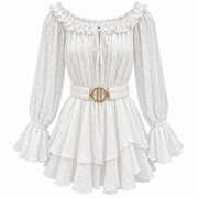 Women's white dotted off-shoulder mini dress with ruffled sleeves, layered skirt and decorative gold-tone belt