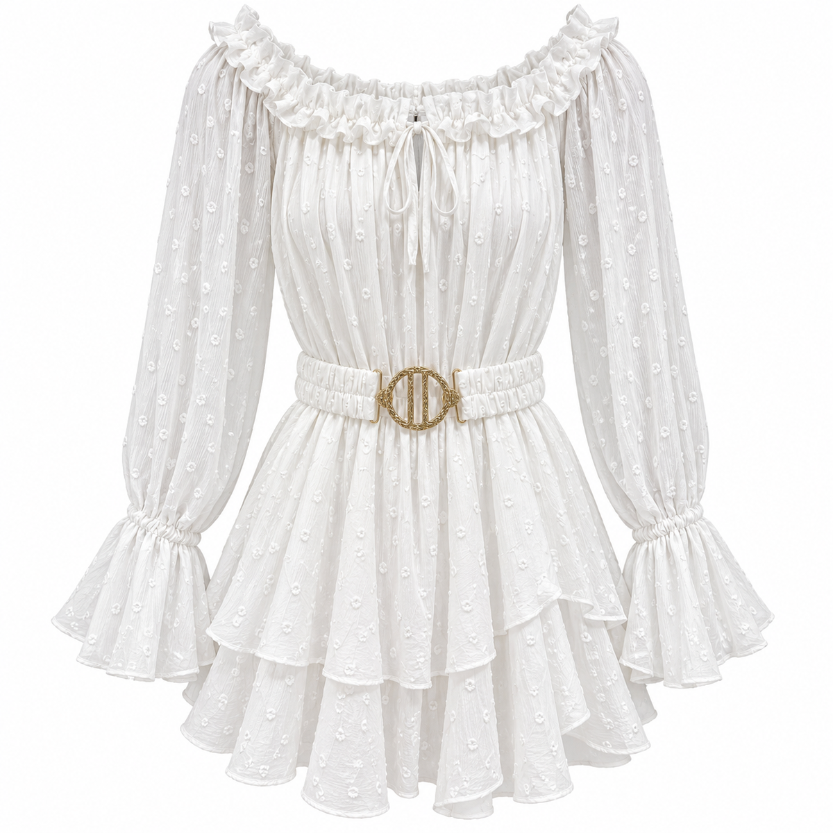 Women's white dotted off-shoulder mini dress with ruffled sleeves, layered skirt and decorative gold-tone belt