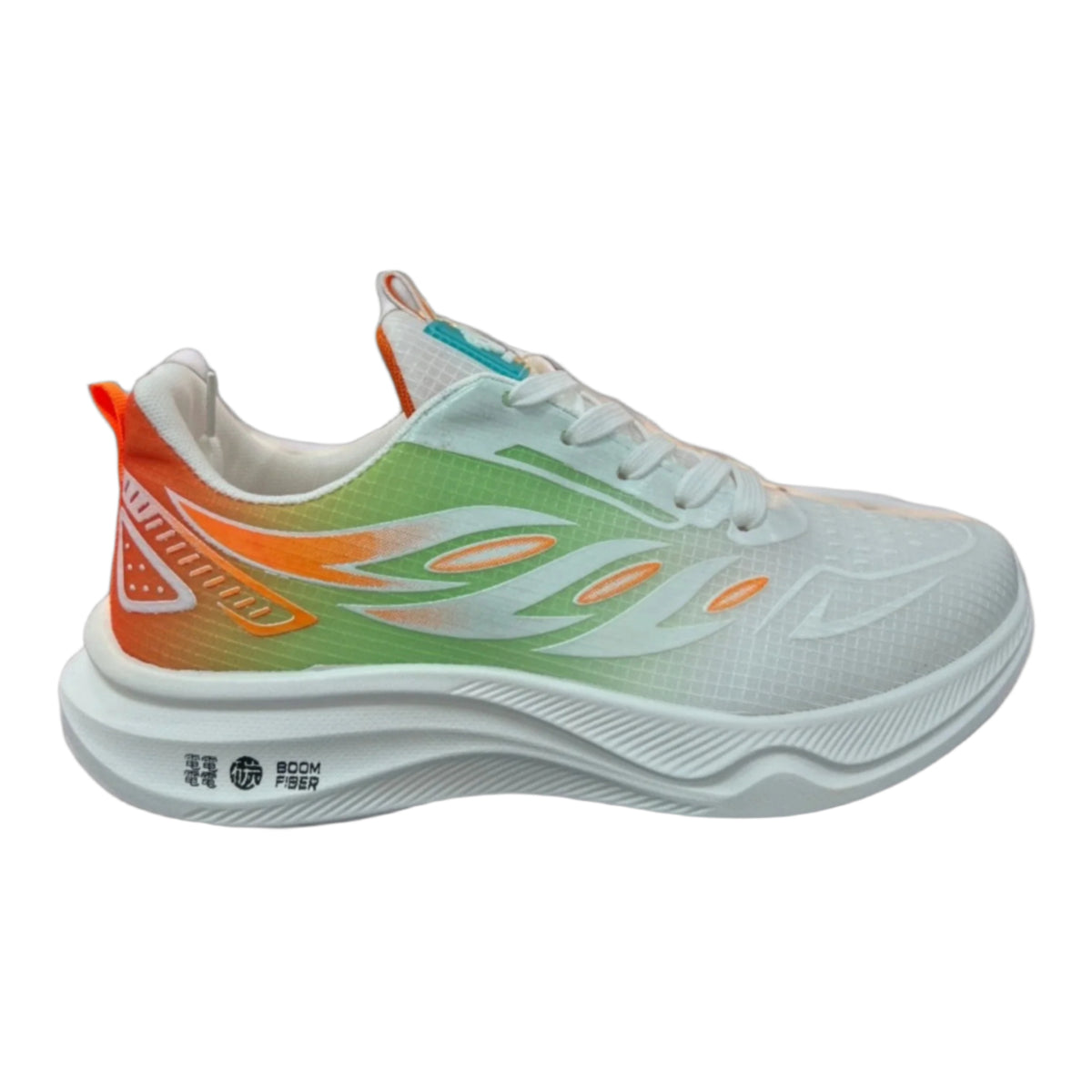 Men's white sports sneaker with green and orange accents, lace-up design and sculpted sole, side view