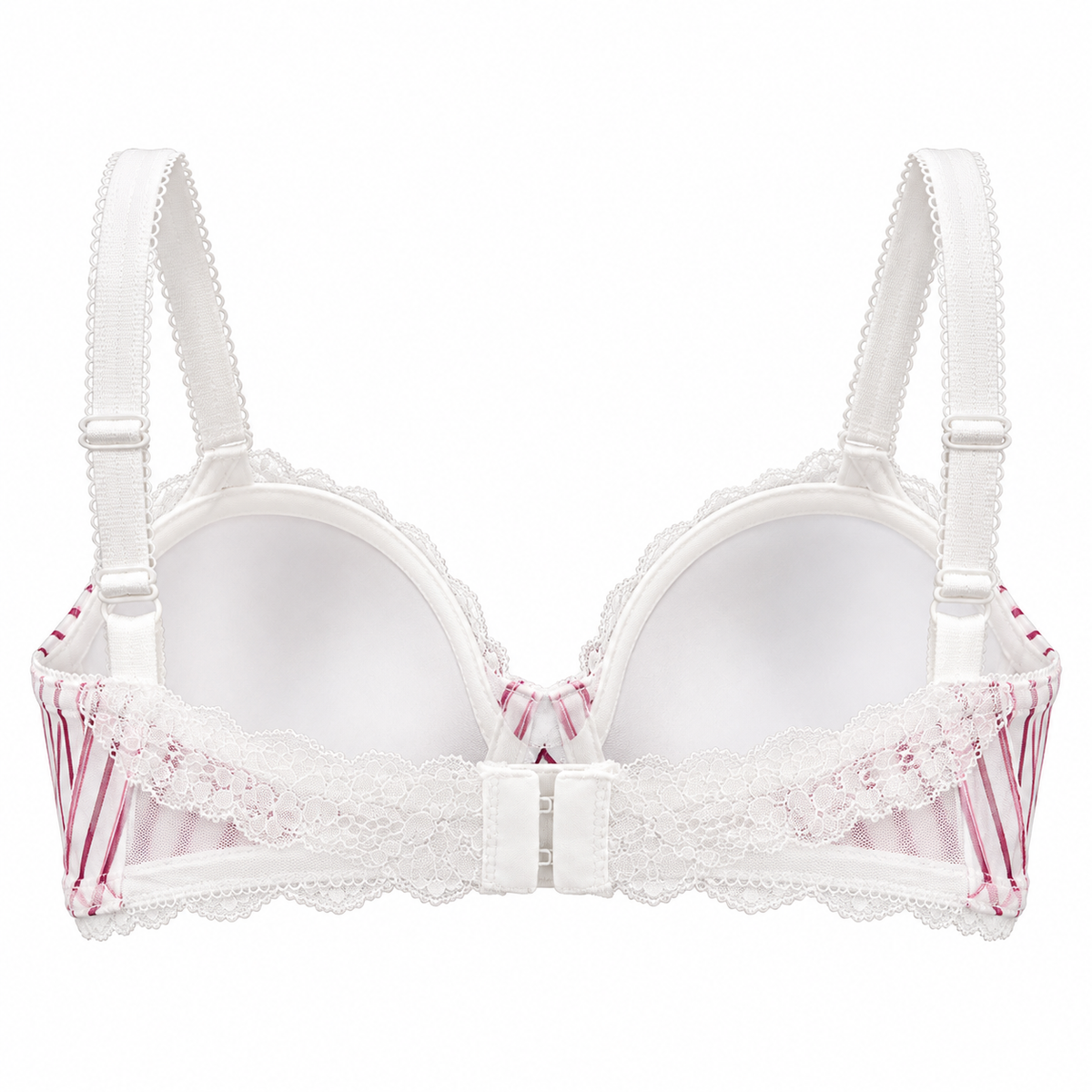 Close-up of structured white push-up bra cup with lace trimming and smooth inner lining