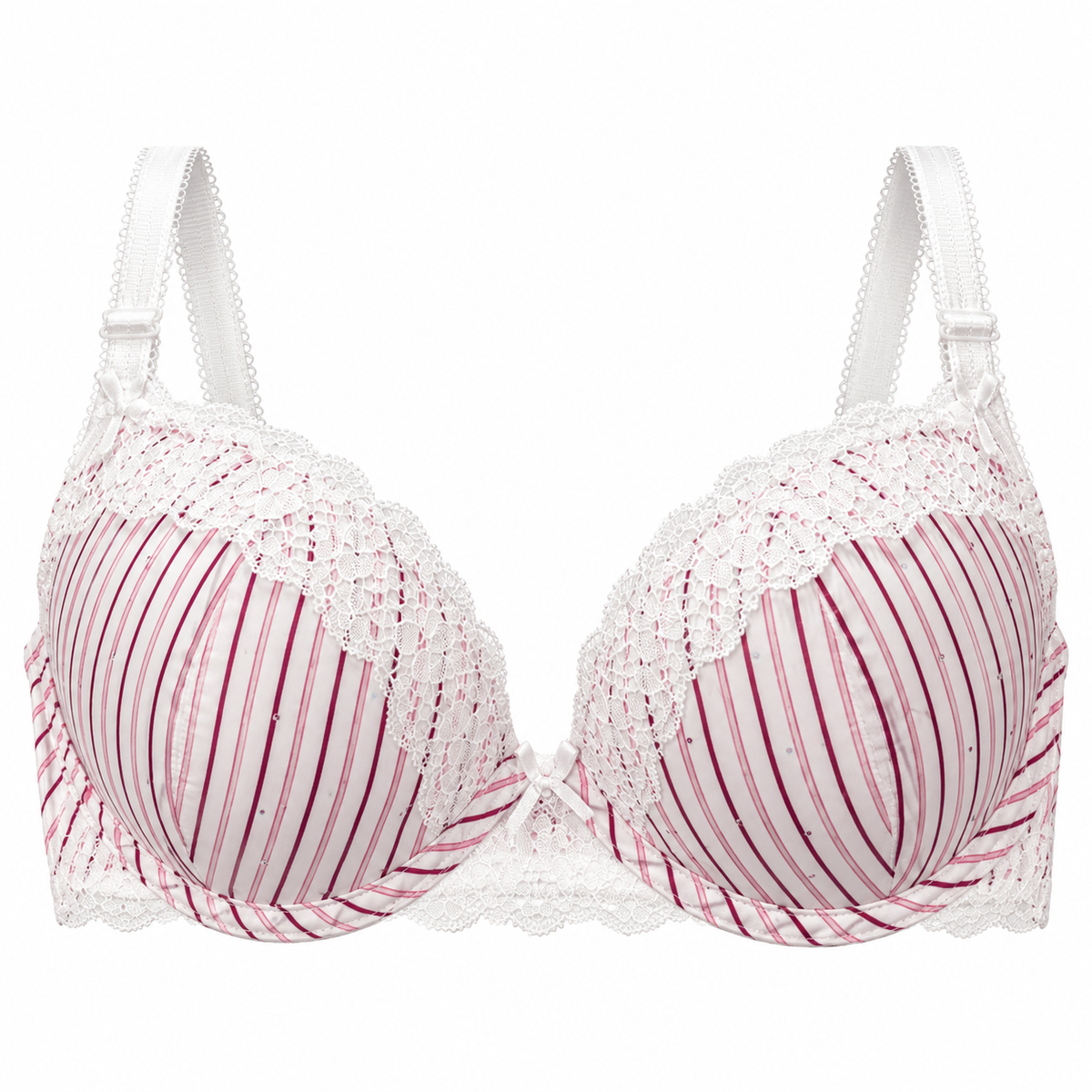 Censored women's white and pink striped push-up bra with floral lace and padded cups