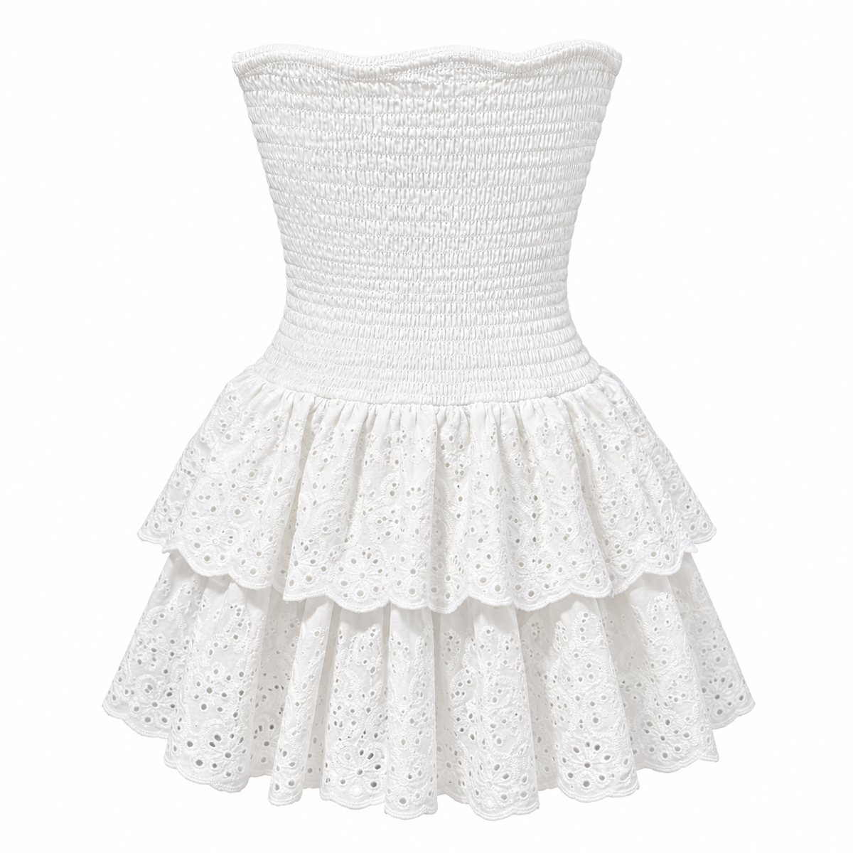 Back view of women's white eyelet mini dress showing the elasticated smocked bodice and layered embroidered skirt.