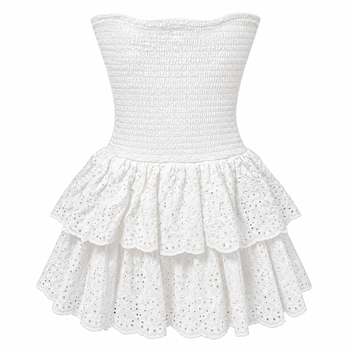 Women's white strapless mini dress with smocked bodice, floral eyelet embroidery and double-tiered skirt – front view.