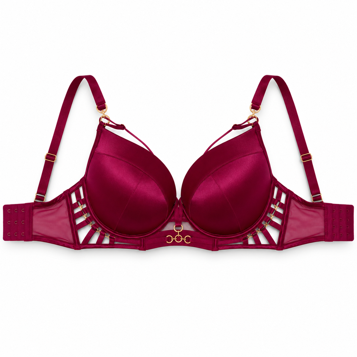 Women's Burgundy Strappy Push-Up Bra with Gold Accents