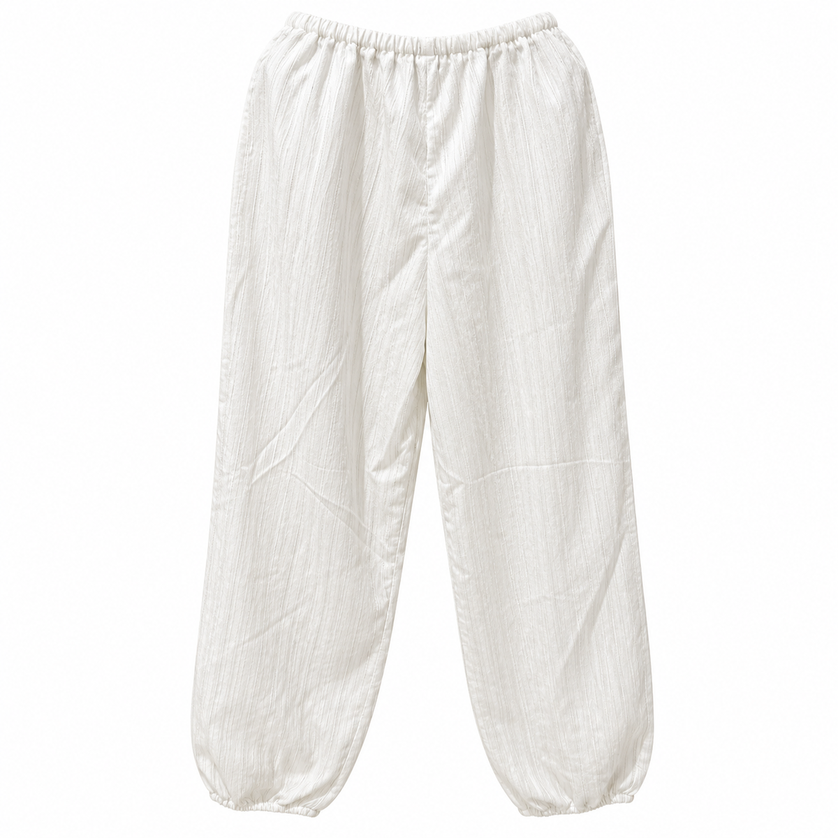 Back view of women's beige full-length jogger pants with elasticated waistband and cuffs
