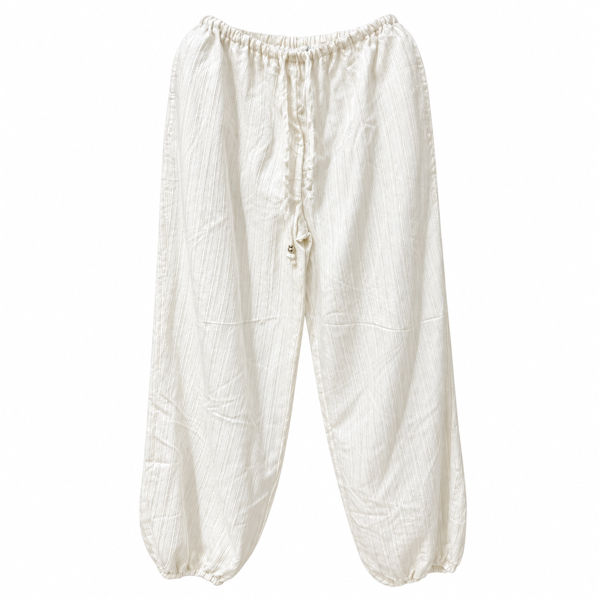 Women's beige jogger pants with metallic vertical stripes, drawstring waist and elasticated cuffs