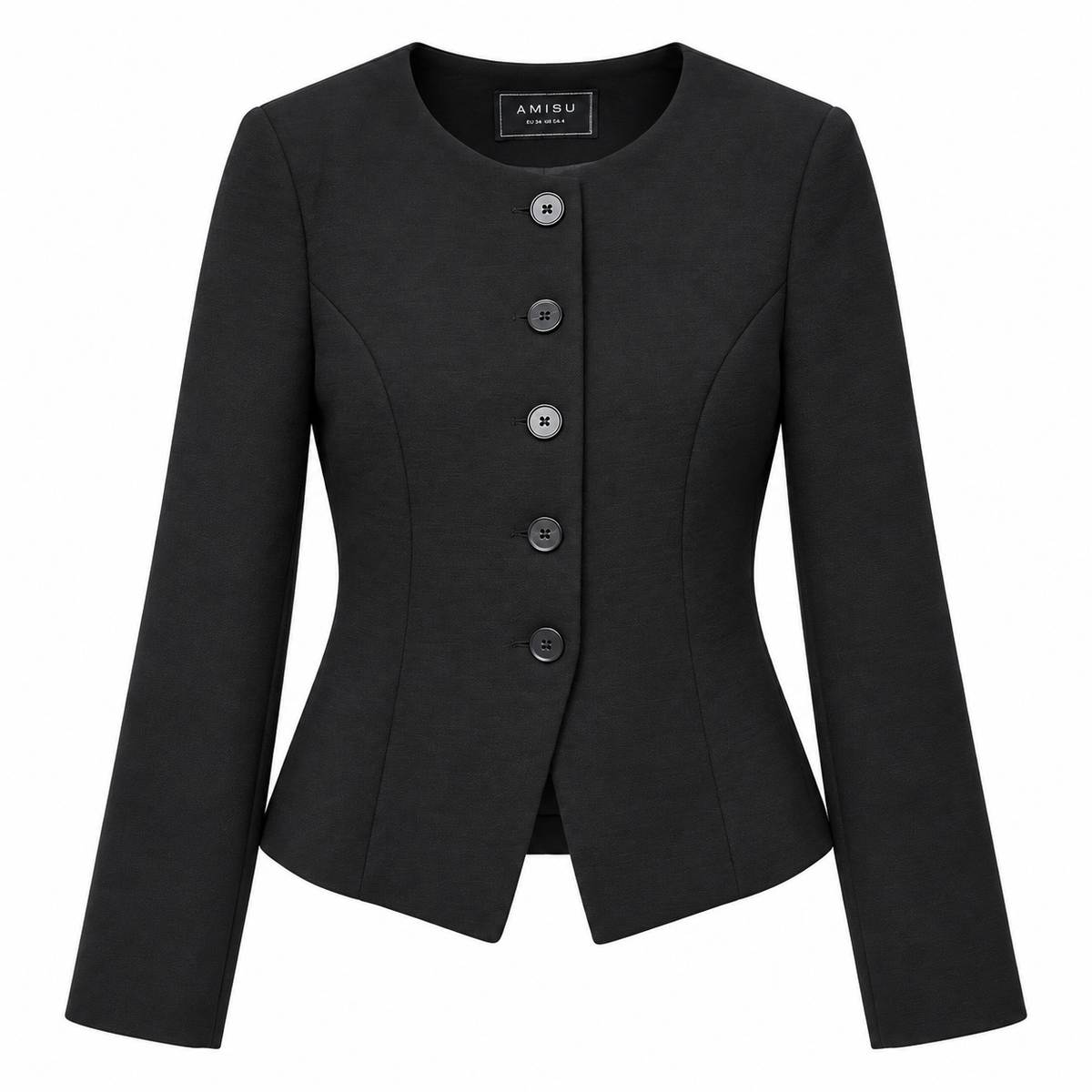 Women's AMISU black collarless tailored blazer with five-button front and long sleeves