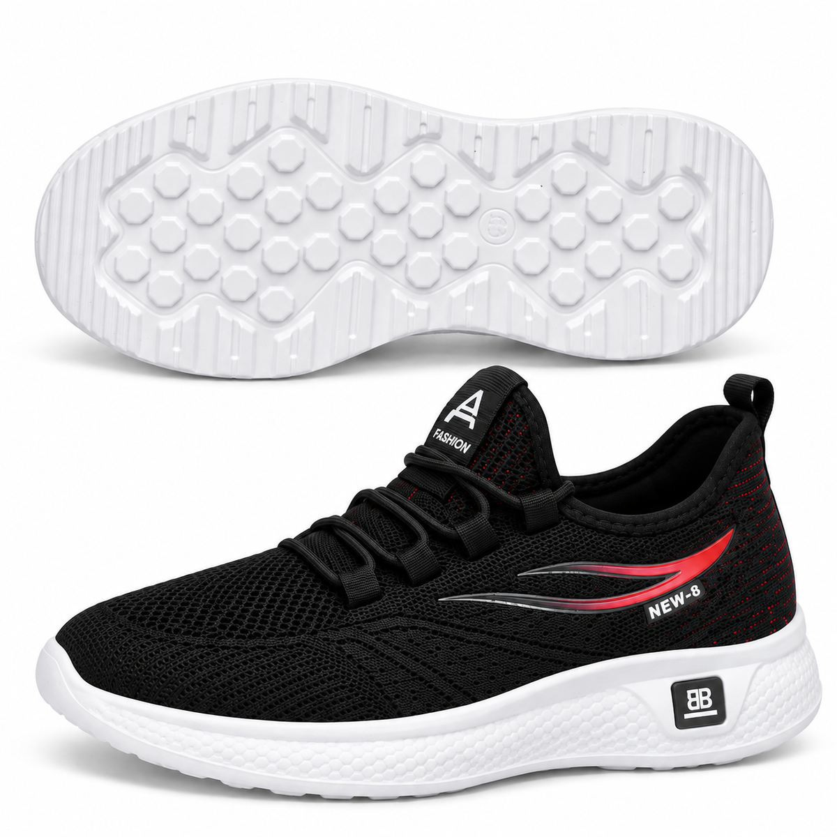 Women's black mesh sports sneaker with red side accents and white sole, side view