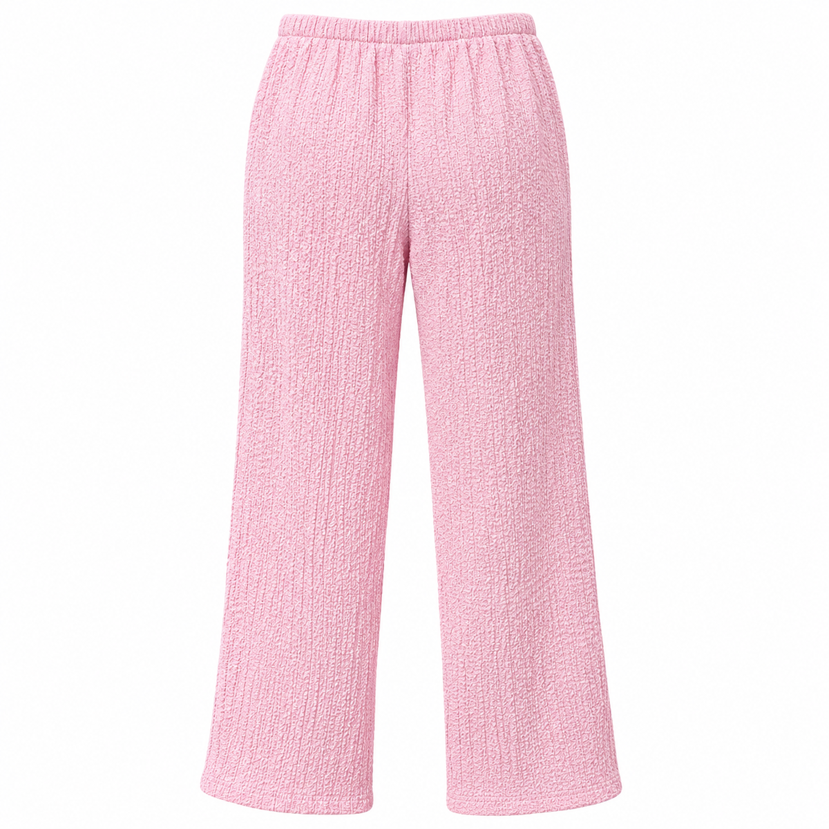 Back view of women's pink textured wide-leg pants with relaxed silhouette