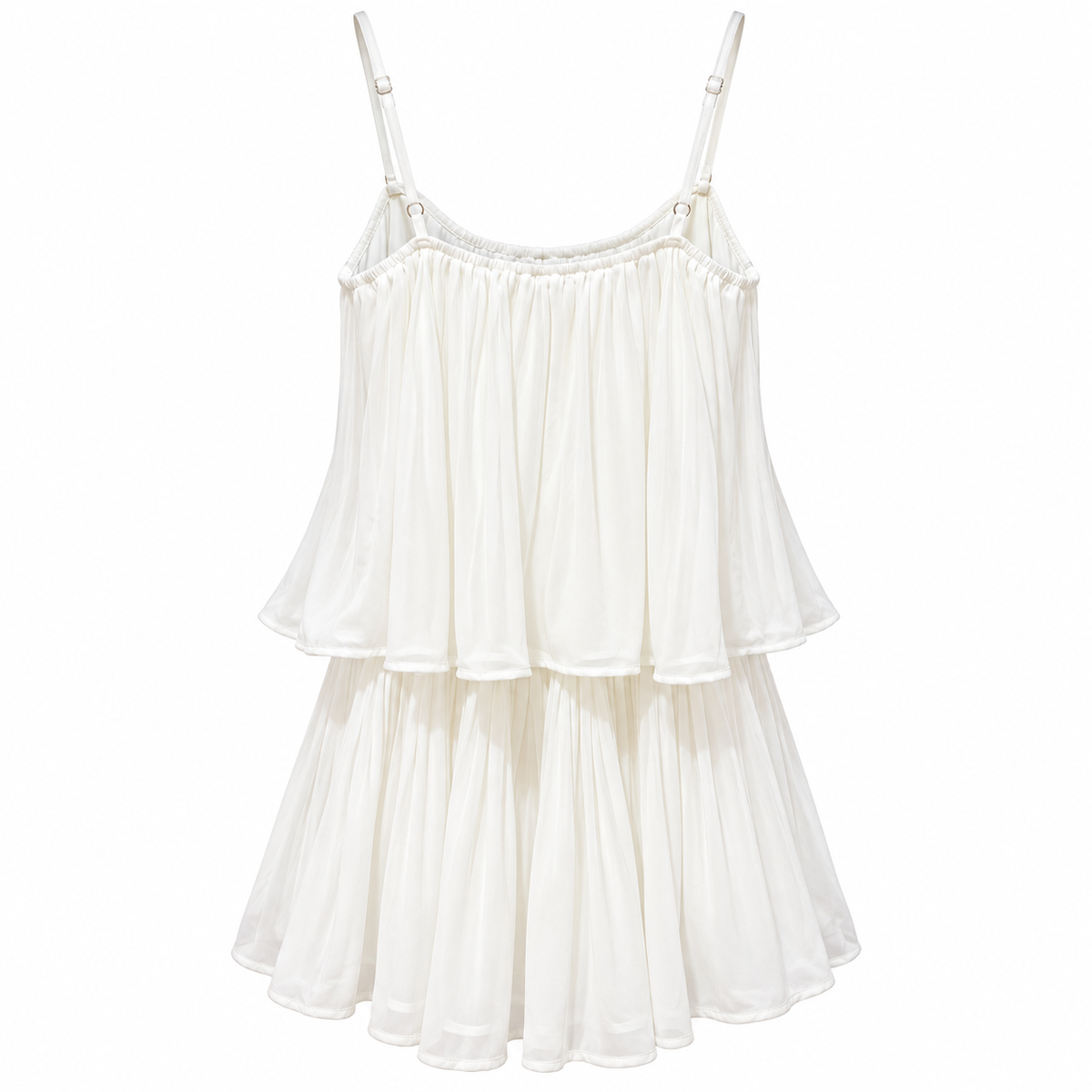 Back view of women's white pleated playsuit with adjustable straps and layered design