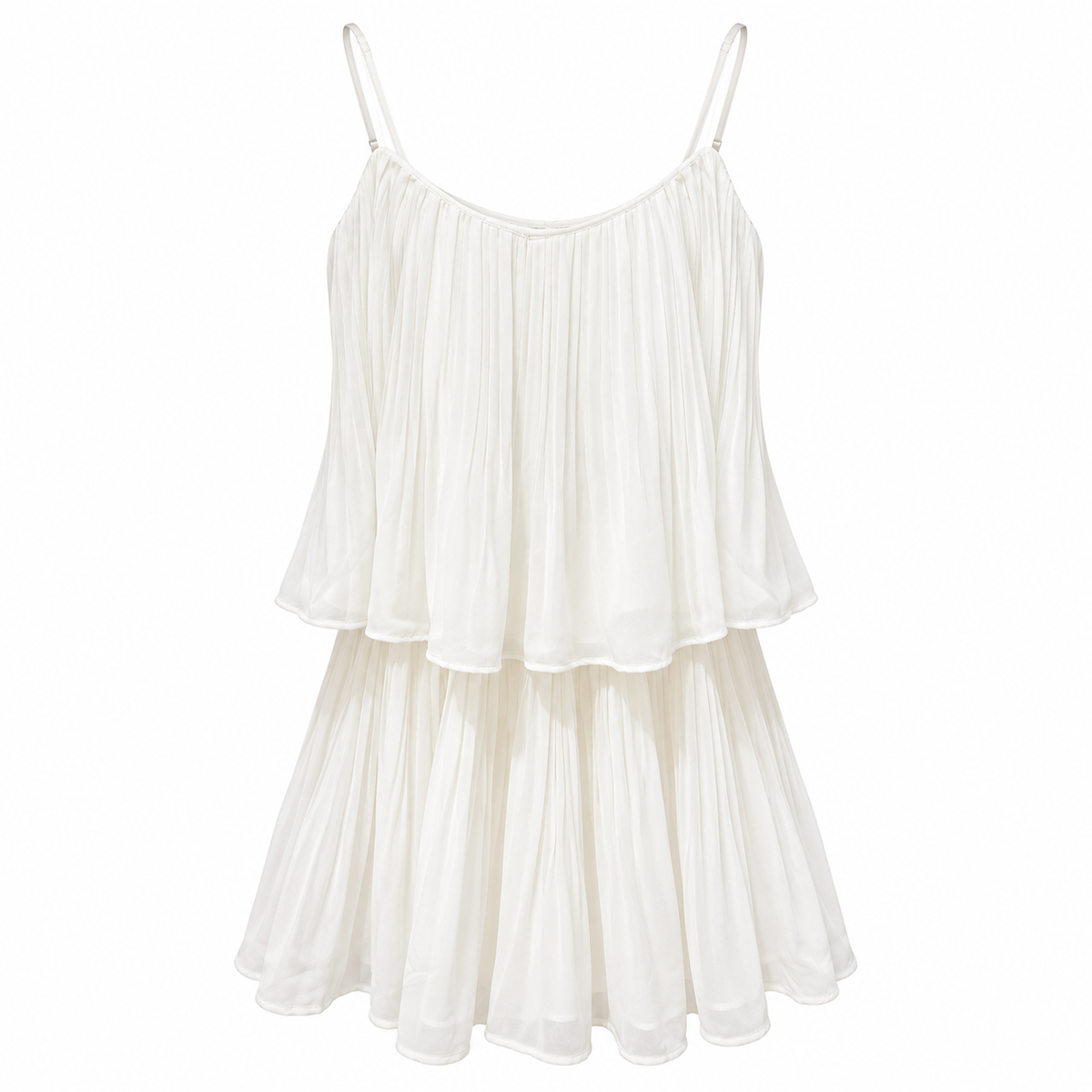 Women's white pleated cami playsuit with adjustable spaghetti straps and layered overlay, front view