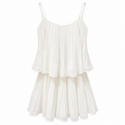 Women's white pleated cami playsuit with adjustable spaghetti straps and layered overlay, front view