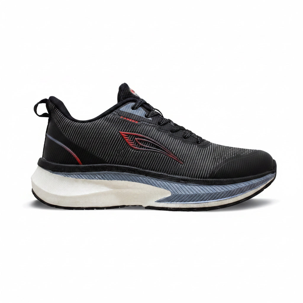 Abros Cyrus men's mesh running shoes in black and red with a thick cushioned sole.