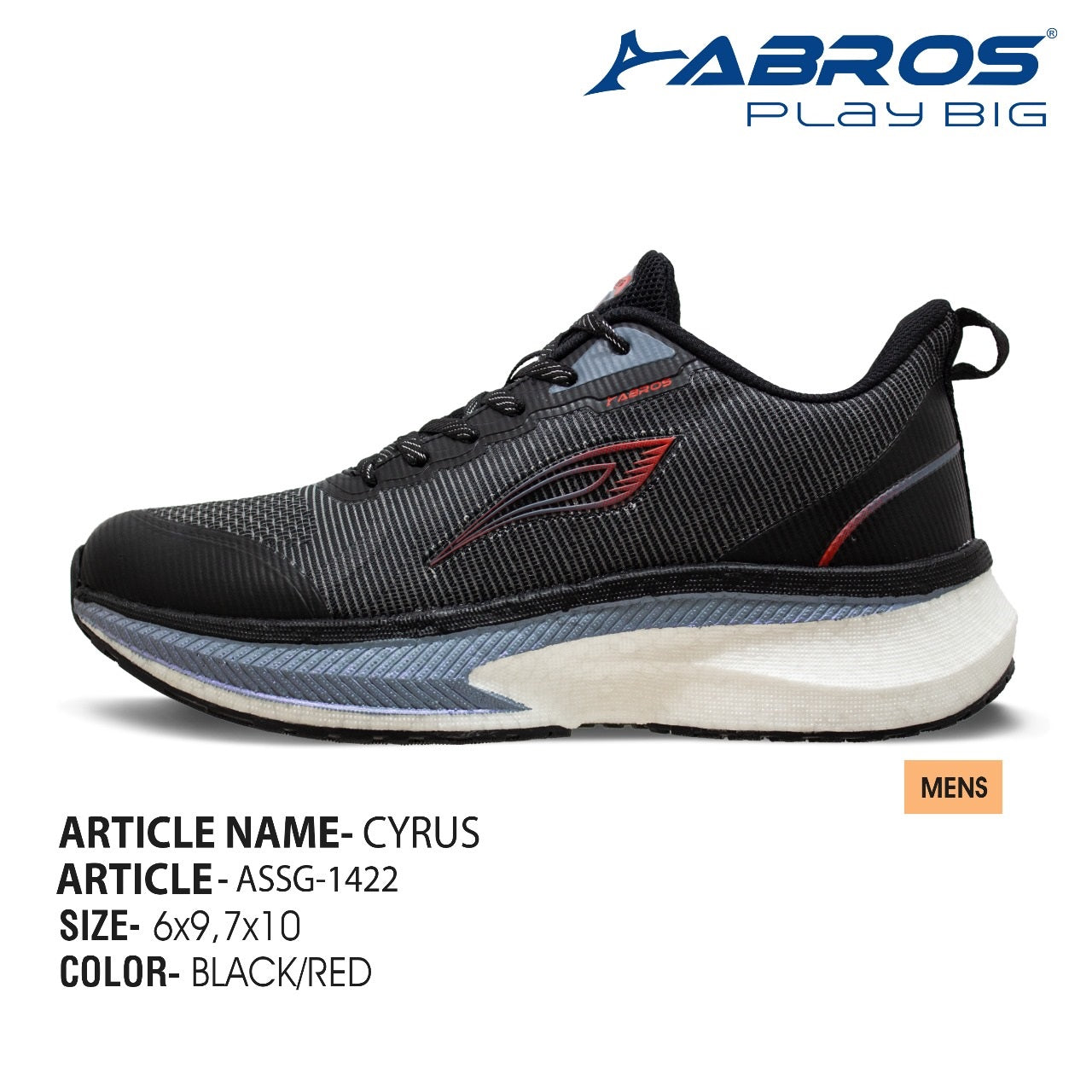 Abros Cyrus men's mesh running shoes in black and red with a thick cushioned sole.