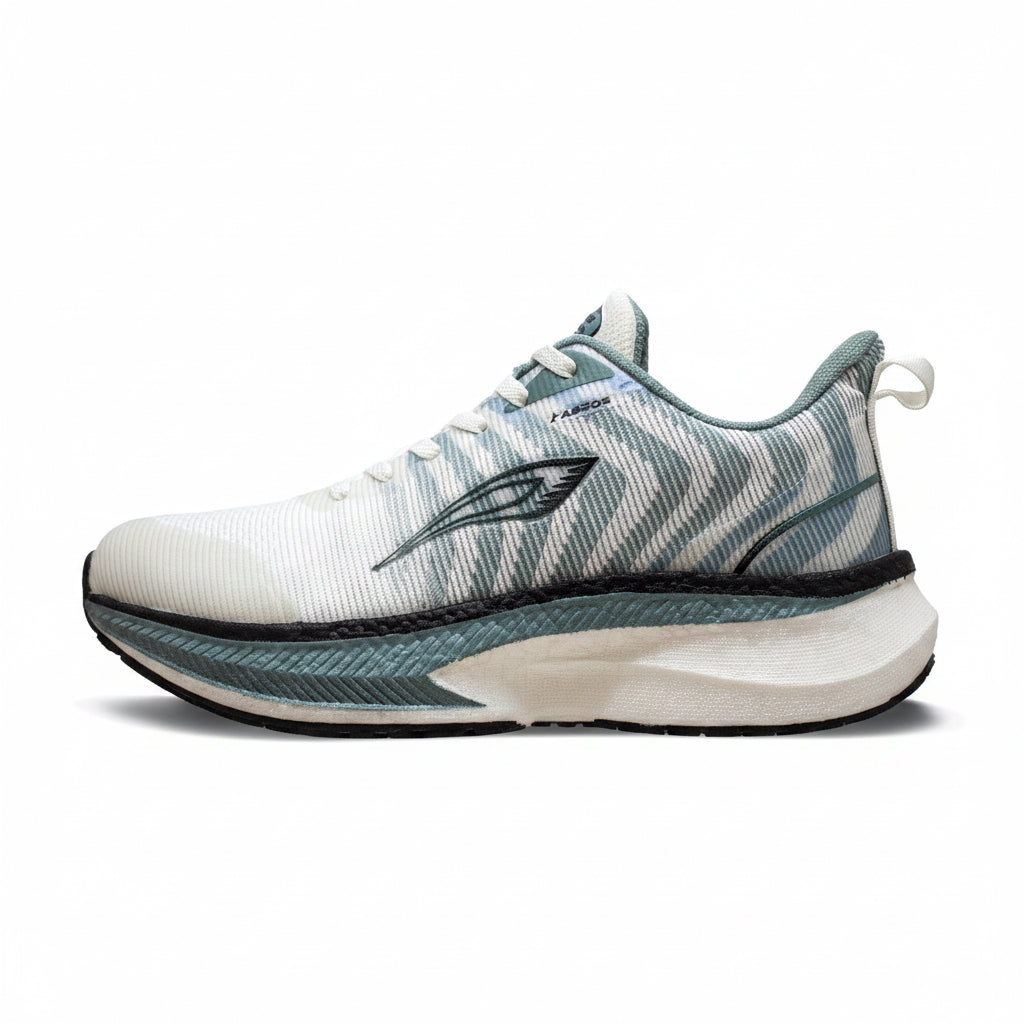 Abros Cyrus men's mesh running shoes in off-white and light green with a thick cushioned sole.