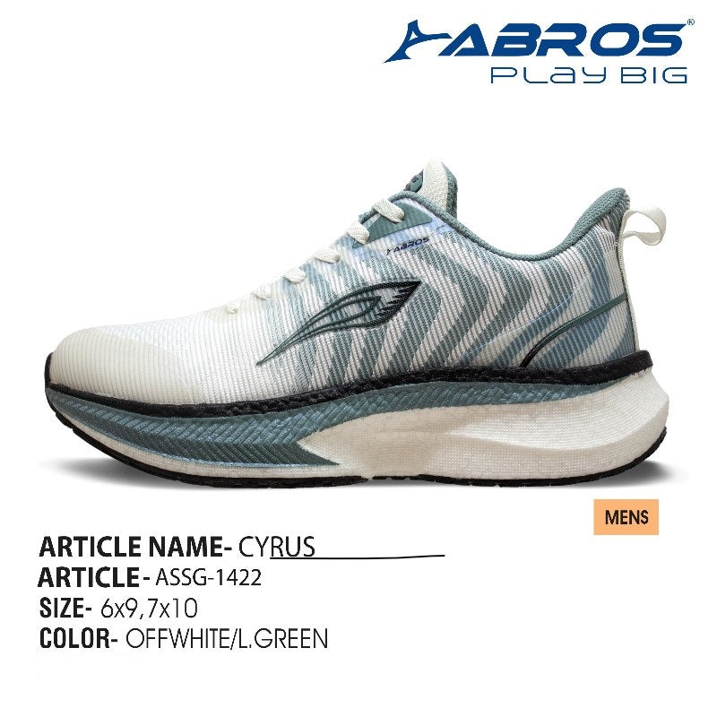 Abros Cyrus men's mesh running shoes in off-white and light green with a thick cushioned sole.