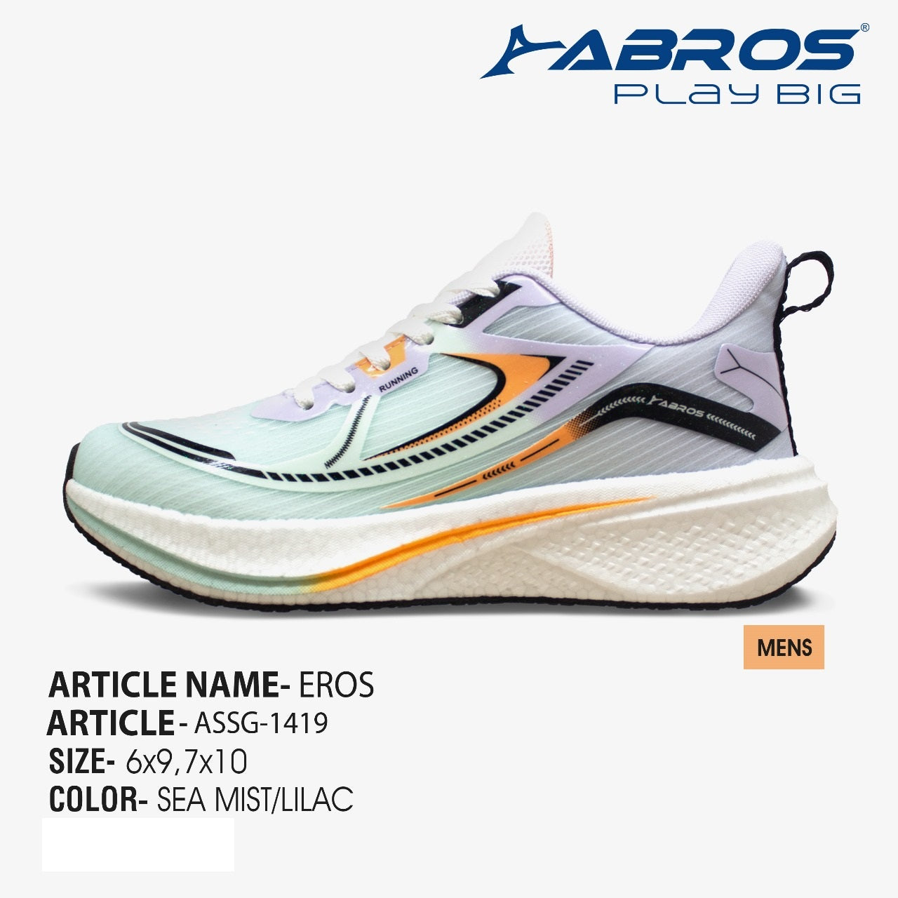 Abros Eros men's mesh running shoes in sea mist and lilac with a structured cushioned sole.