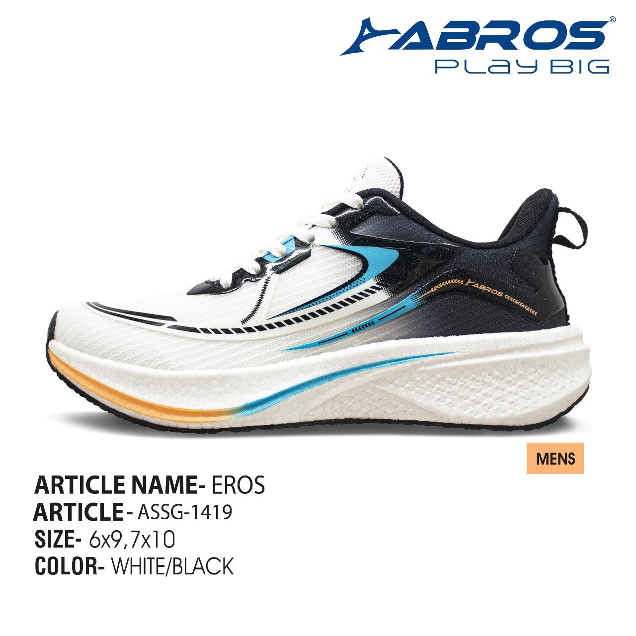 Abros Eros men's mesh running shoes in white and black with a structured cushioned sole.