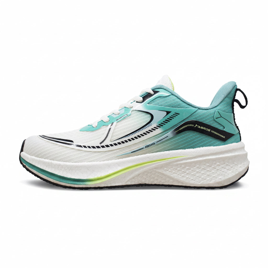 Abros Eros men's mesh running shoes in white and sea green with a structured cushioned sole.