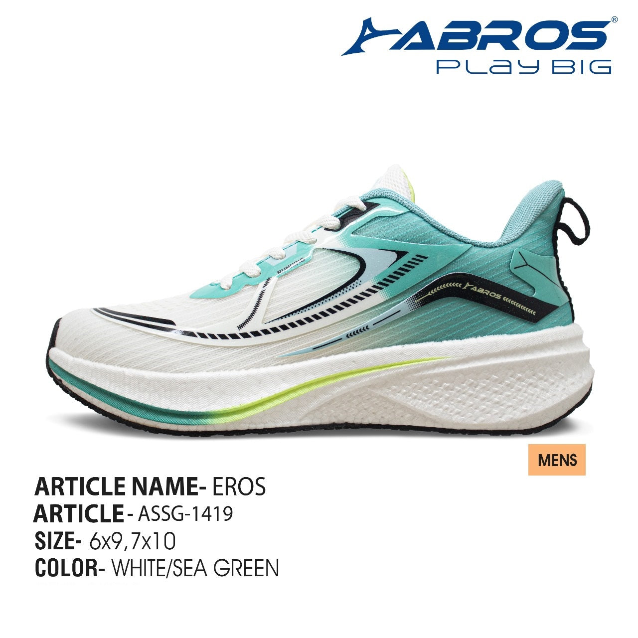 Abros Eros men's mesh running shoes in white and sea green with a structured cushioned sole.