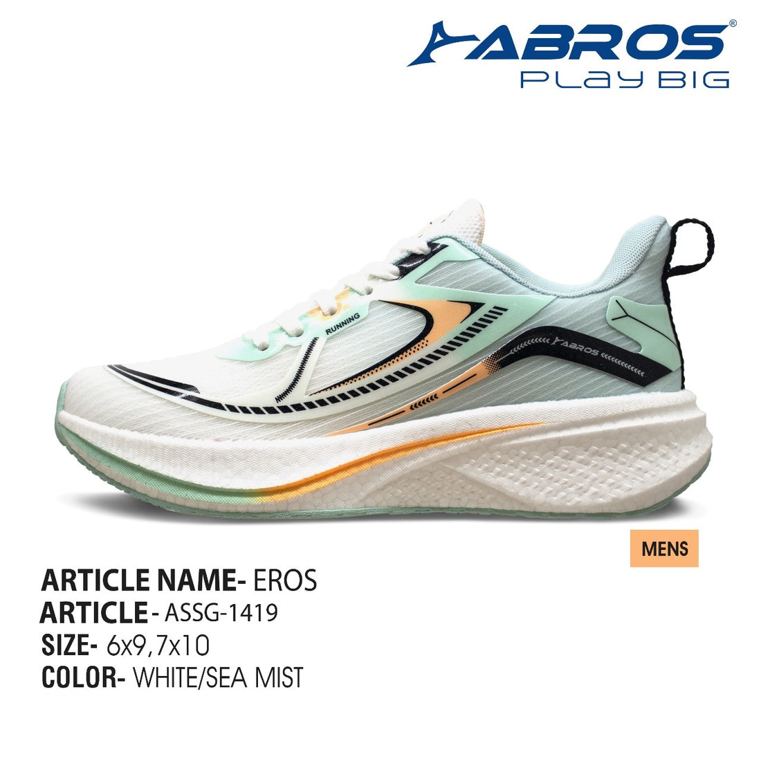 Abros Eros men's mesh running shoes in white and sea mist with a structured cushioned sole.