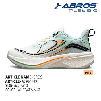 Abros Eros men's mesh running shoes in white and sea mist with a structured cushioned sole.