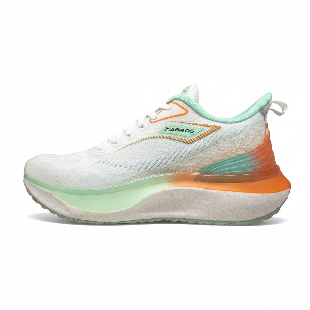 Abros Future men's mesh running shoes in white and orange with a chunky cushioned midsole.