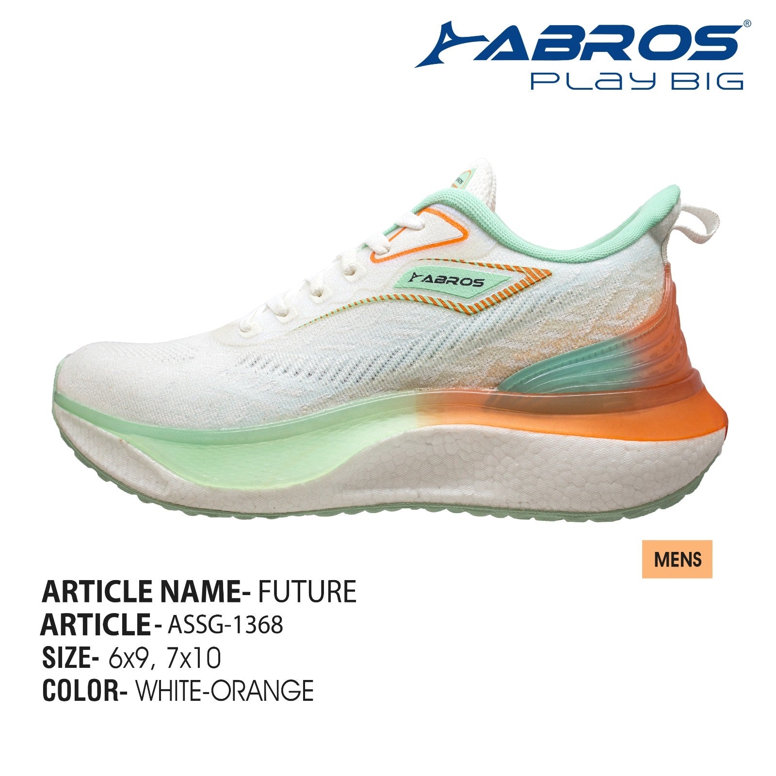 Abros Future men's mesh running shoes in white and orange with a chunky cushioned midsole.