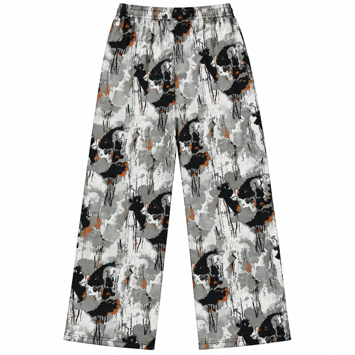 Back view of abstract print wide-leg pants with elasticated waistband