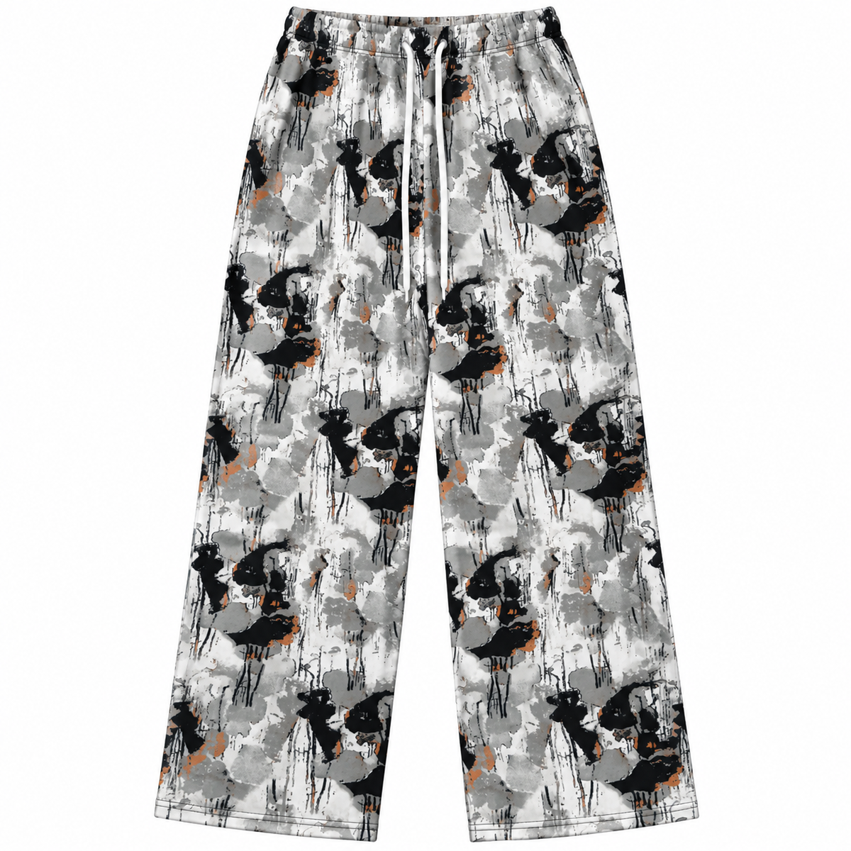 Abstract print wide-leg pants with drawstring waist in black, grey, white and orange