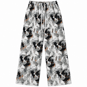 Abstract print wide-leg pants with drawstring waist in black, grey, white and orange
