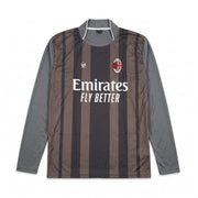 AC Milan long sleeve striped football jersey featuring club crest and sponsor logo on front view