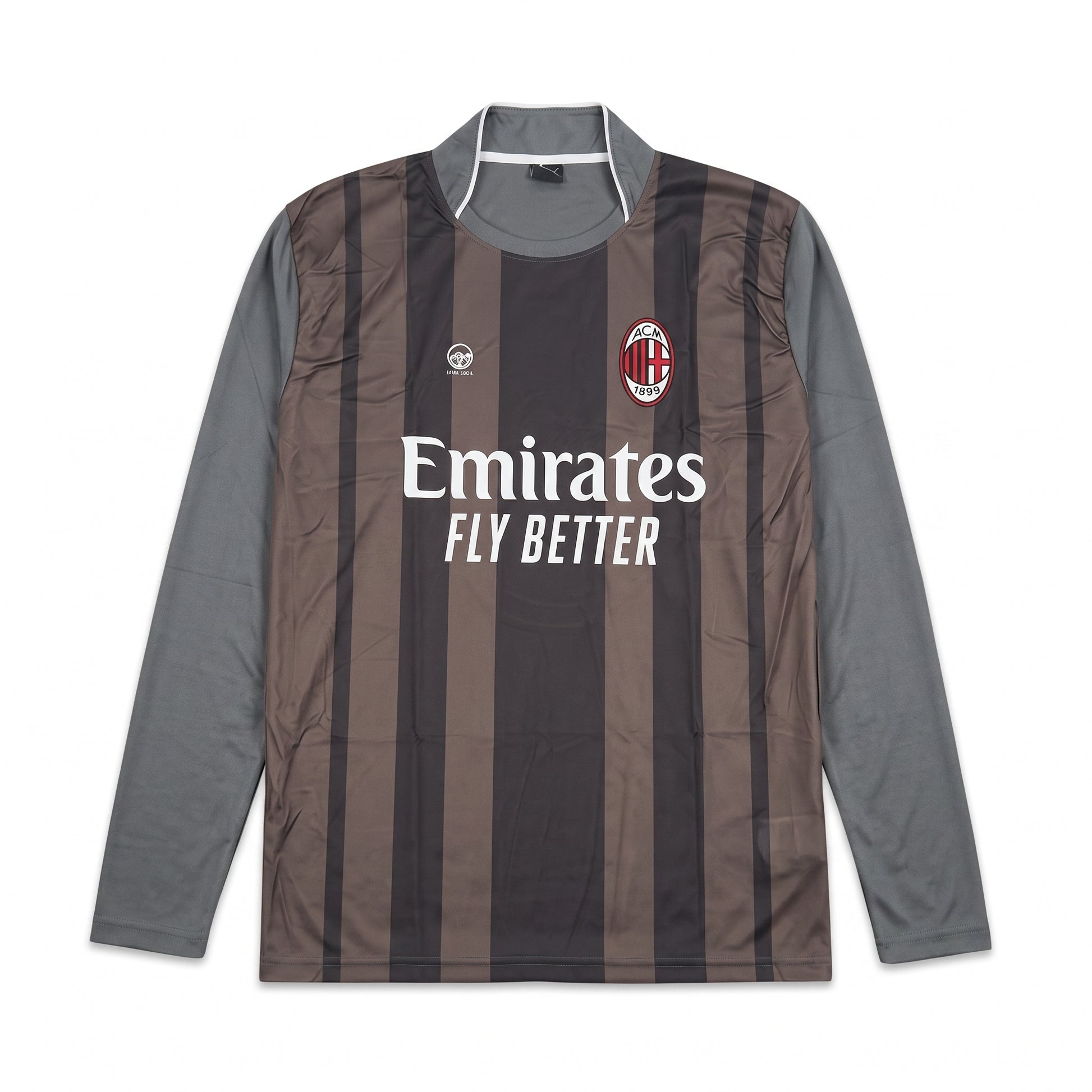 AC Milan long sleeve striped football jersey featuring club crest and sponsor logo on front view