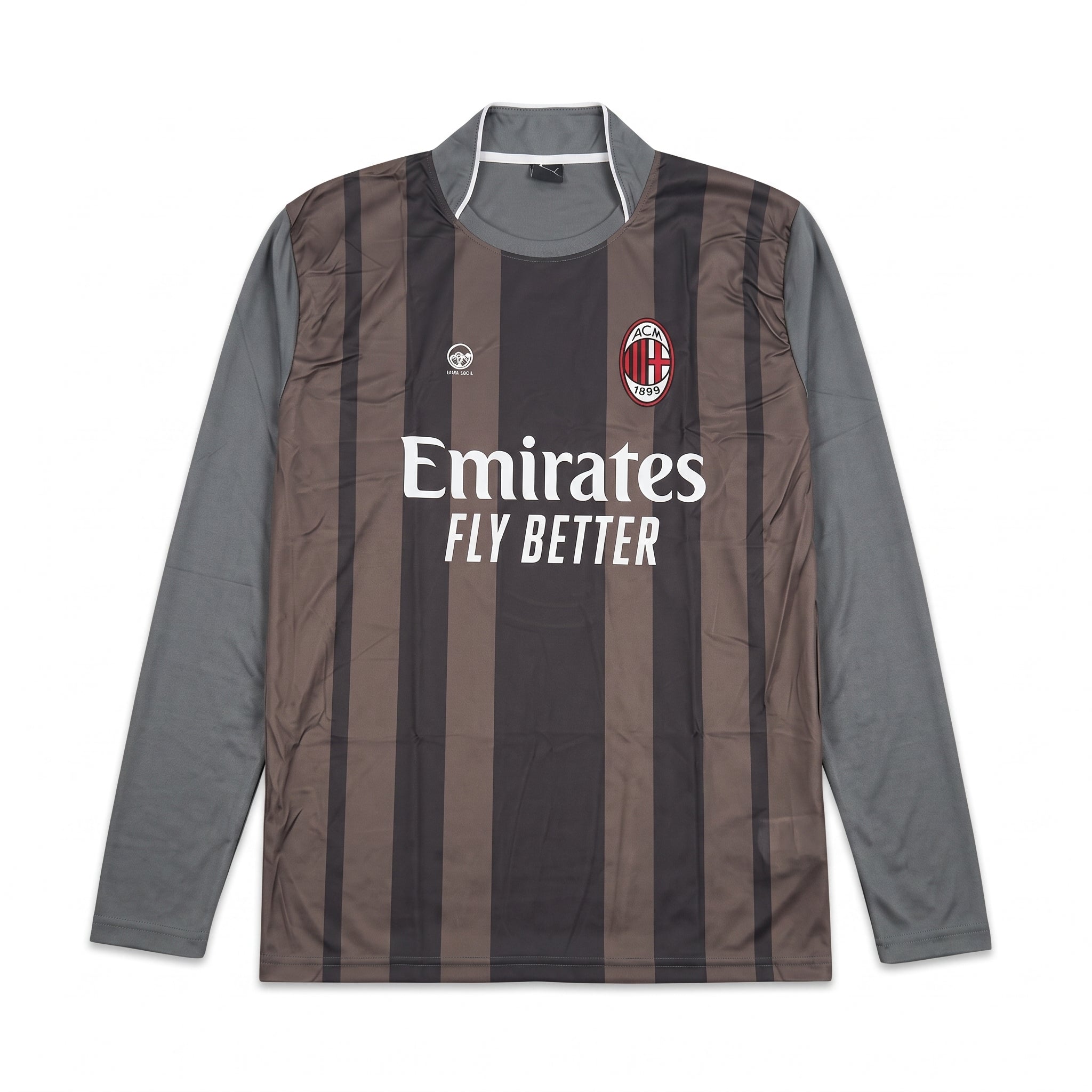 AC Milan long sleeve striped football jersey featuring club crest and sponsor logo on front view