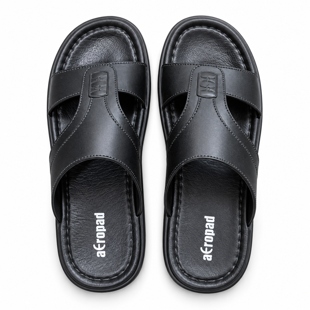 Top view pair of Aeropad men's black Arabic sandals with textured footbed and traditional strap design.