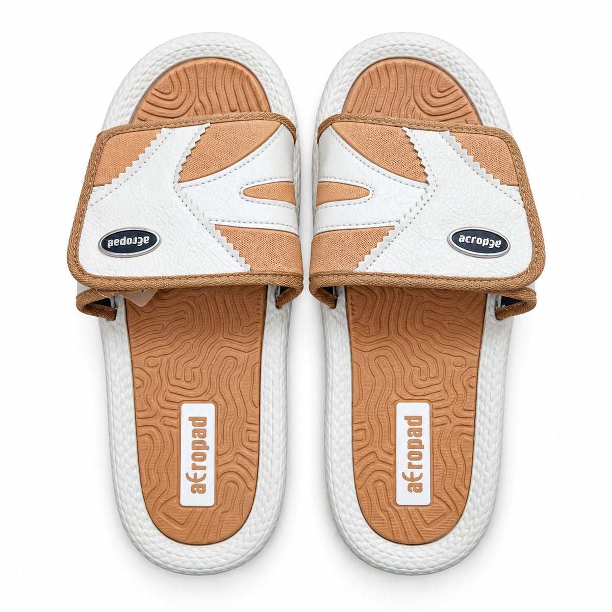 Overhead view of Aeropad white and tan two-tone casual slip-on slides with textured footbed.