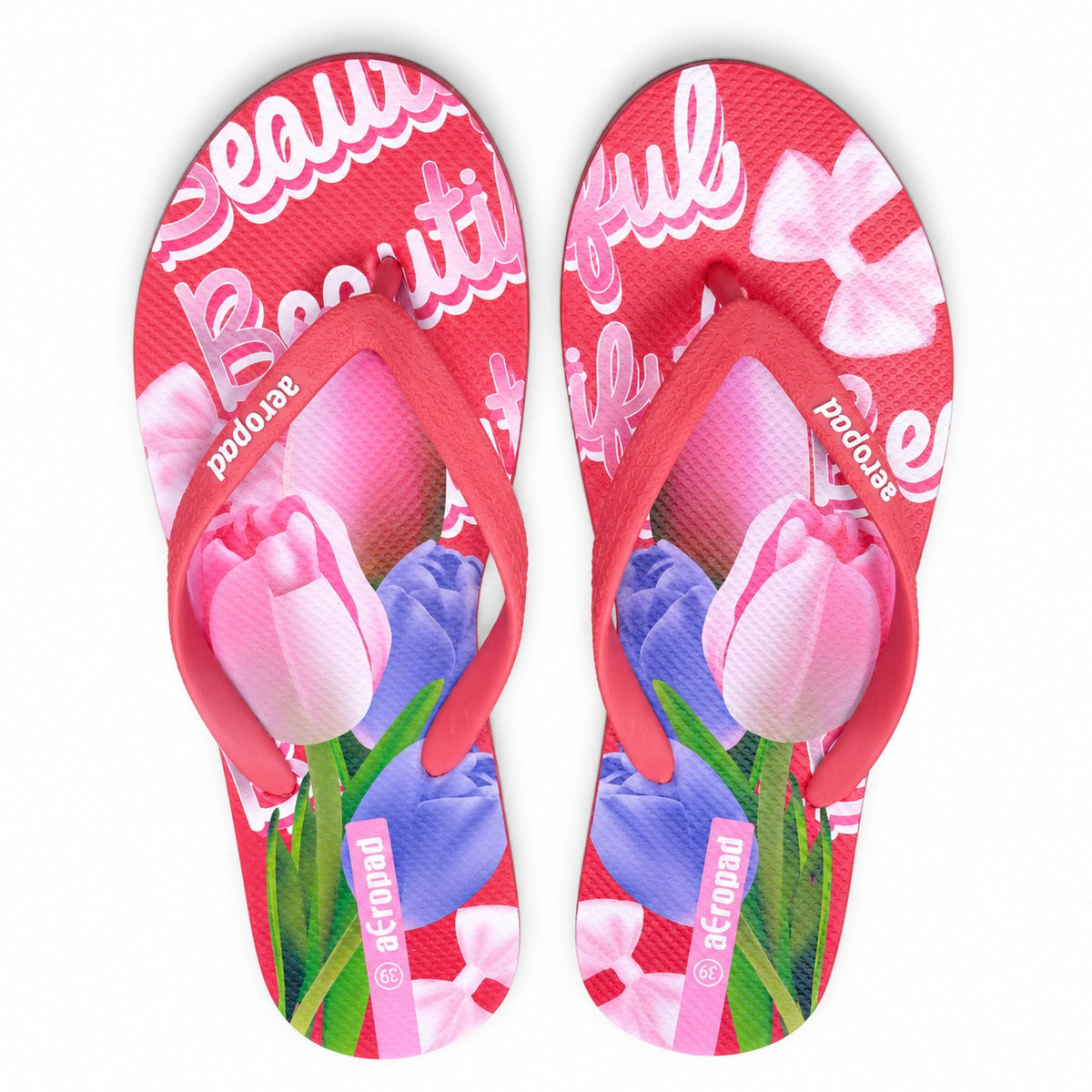 Aeropad women's floral graphic flip flops in red with multicolor print, size 39