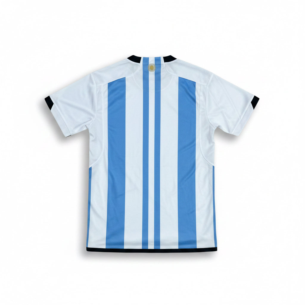 Argentina soccer jersey with light blue and white vertical stripes and dark trim details laid flat against a white background