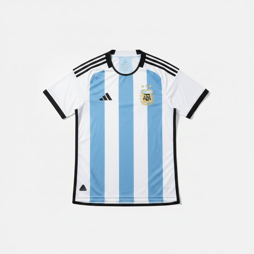 Argentina soccer jersey with light blue and white vertical stripes and dark trim details laid flat against a white background