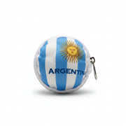 Front view of a small circular zipper pouch with blue and white stripes and the Argentina football theme design.