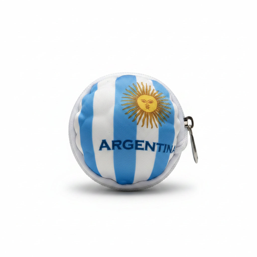 Front view of a small circular zipper pouch with blue and white stripes and the Argentina football theme design.
